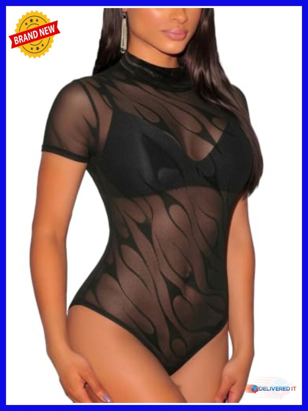 Mesh See Through Bodysuit with Snap Crotch Rhinestone Sheer Leotard